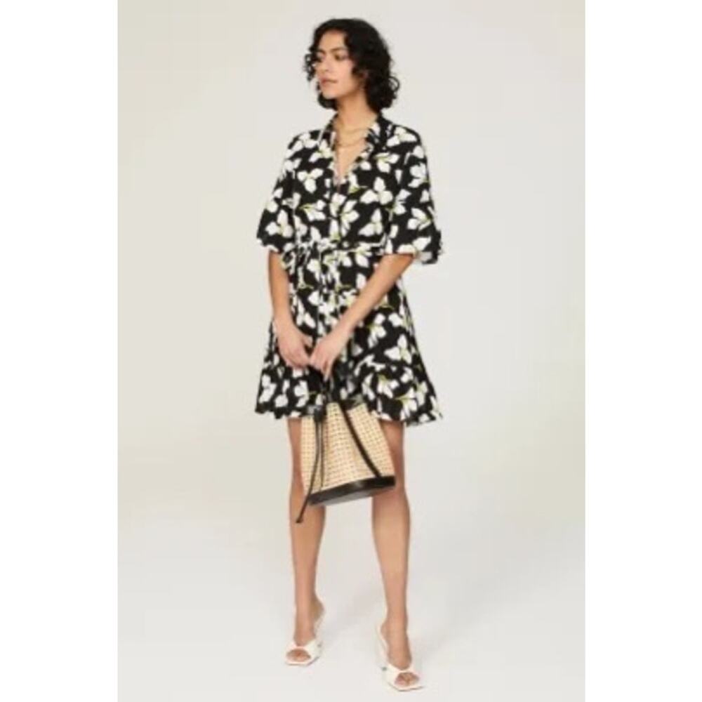 Diane von Furstenberg Beata Black Floral Print A-Line Short Sleeve Mini Dress XS